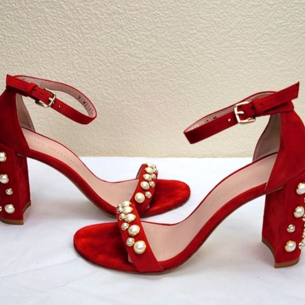 Stuart Weitzman Red Suede Pearl Black Heels Sandals 5.5M